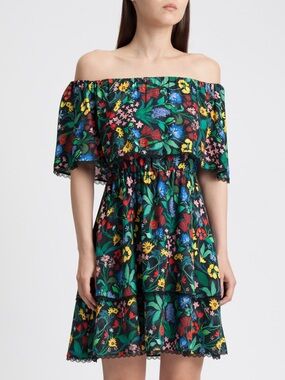 ALICE + OLIVIA Tylie Tiered Black Off-Shoulder Floral Mini Dress Size 6